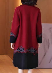 Women Red Button Print Patchwork Cotton Knit Coats Long Sleeve