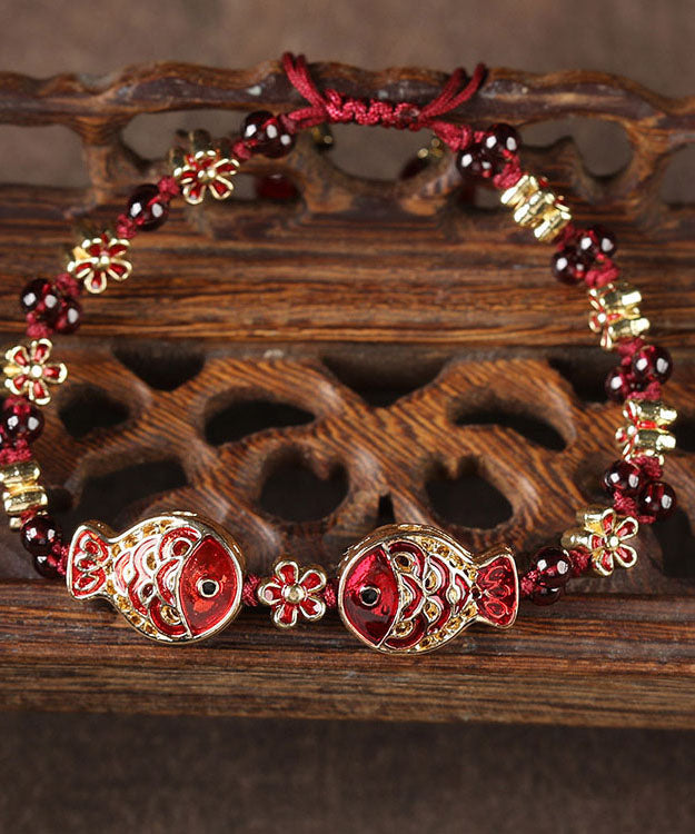 Women Red Coloured Glaze Cloisonne Garnet Charm Bracelet