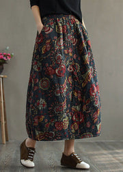 Women Red Elastic Waist Patchwork Print Fine Cotton Filled Skirt Winter