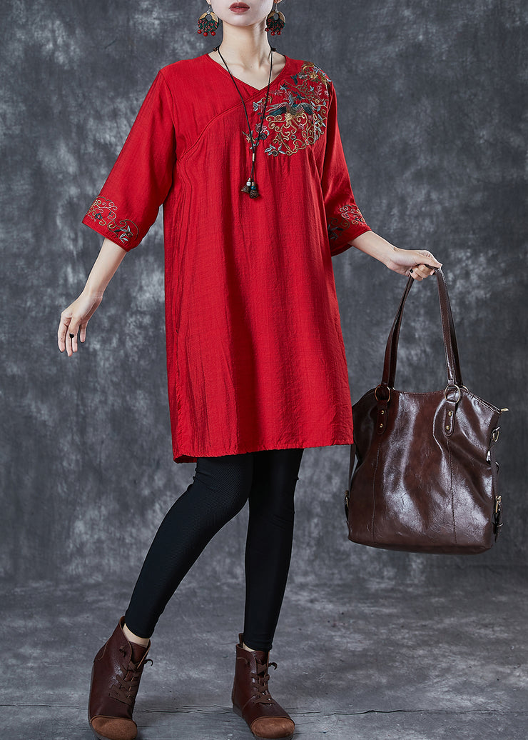 Women Red Embroidered Linen Mid Dresses Summer