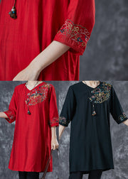 Women Red Embroidered Linen Mid Dresses Summer