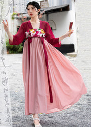 Women Red Embroideried Lace Up Wrinkled Patchwork Chiffon Long Dresses Summer