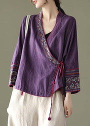 Women Plum Floral Embroidered Long sleeve Linen Shirt