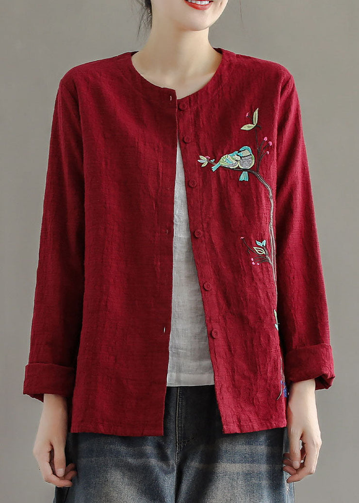 Women Red Embroideried Patchwork Cotton Cardigans Coats Spring