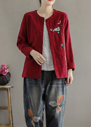 Women Red Embroideried Patchwork Cotton Cardigans Coats Spring