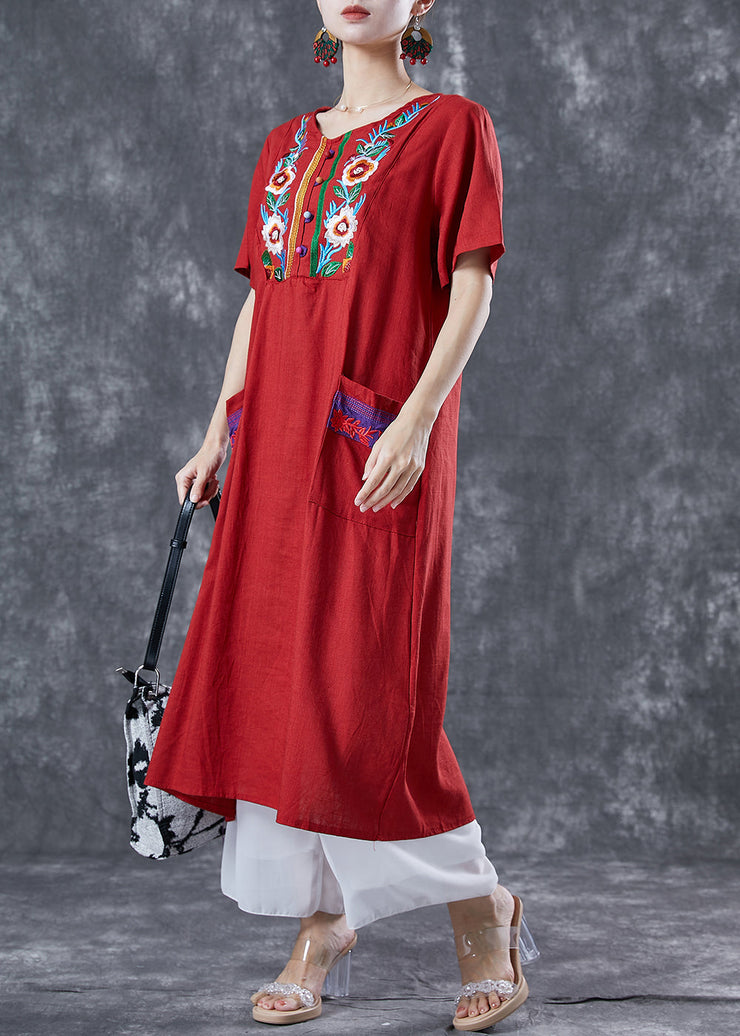 Women Red Embroideried Patchwork Linen Dress Summer