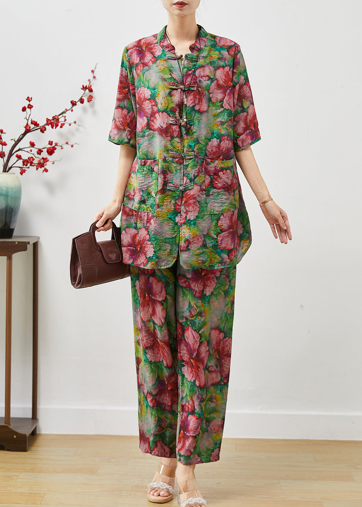 Women Red Floral Chinese Button Linen Two Pieces Set Summer