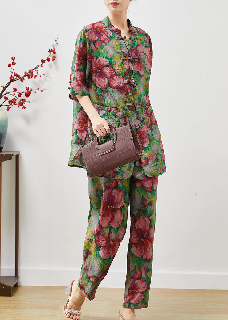 Women Red Floral Chinese Button Linen Two Pieces Set Summer
