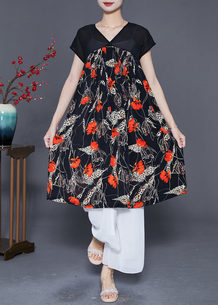 Women Red Floral Exra Large Hem Chiffon Maxi Dresses Summer