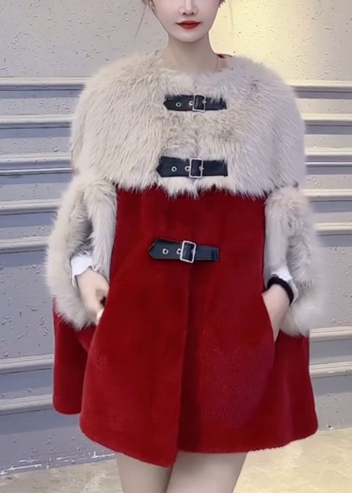 Women Red Fluffy Pockets Patchwork Cape Coats Spring