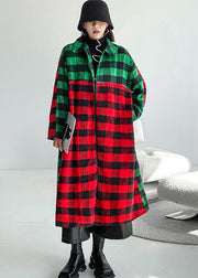 Women Red Green Plaid Peter Pan Collar Patchwork Woolen Trench Winter