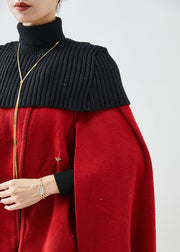 Women Red High Neck Knit Patchwork Woolen Coats Cloak Sleeves