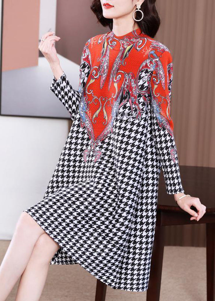 Women Red High Neck Plaid Wrinkled A Line Dress Spring