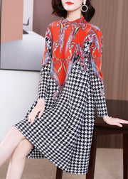 Women Red High Neck Plaid Wrinkled A Line Dress Spring