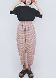 Women Red High Waist Plaid Solid Cotton Harem Pants Summer