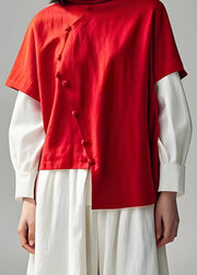 Women Red Hign Neck Patchwork False Two Pieces Cotton Top Long Sleeve