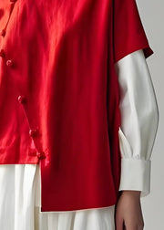Women Red Hign Neck Patchwork False Two Pieces Cotton Top Long Sleeve