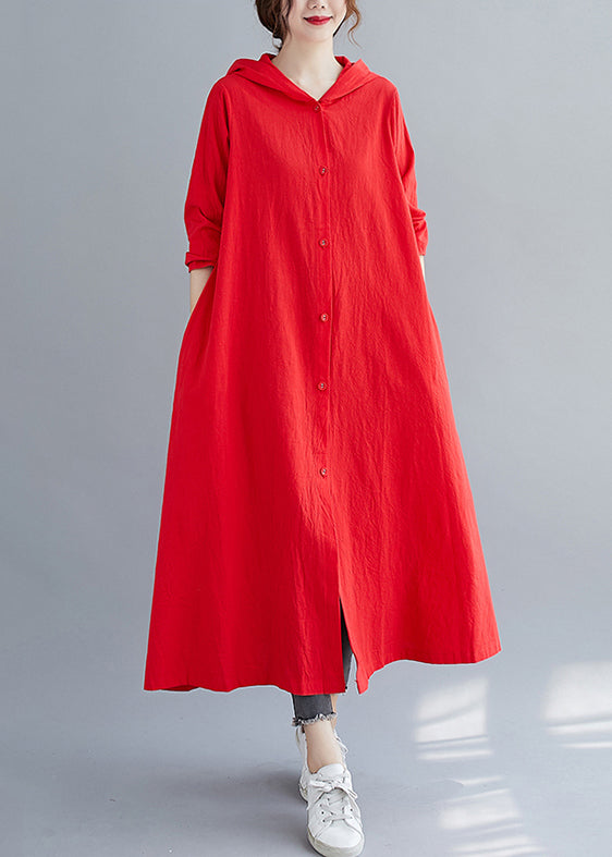 Women Red Hooded Button Patchwork Cotton Shirts Maxi Dresses Fall