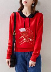 Women Red Hooded Embroideried Patchwork Knit Top Fall