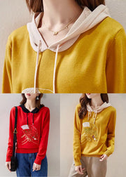 Women Red Hooded Embroideried Patchwork Knit Top Fall