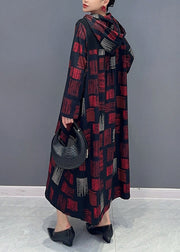 Women Red Hooded Plaid Patchwork Cotton Long Dress Fall