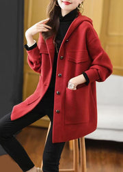 Women Red Hooded Pockets Patchwork Woolen Coat Fall