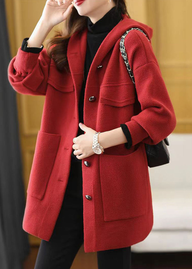 Women Red Hooded Pockets Patchwork Woolen Coat Fall