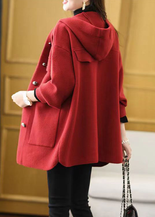 Women Red Hooded Pockets Patchwork Woolen Coat Fall