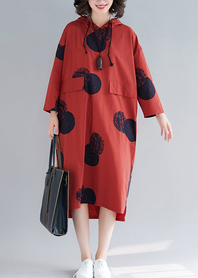 Women Red Hooded Print Cotton Loose Sweatshirt Dress Fall