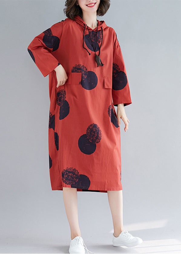 Women Red Hooded Print Cotton Loose Sweatshirt Dress Fall