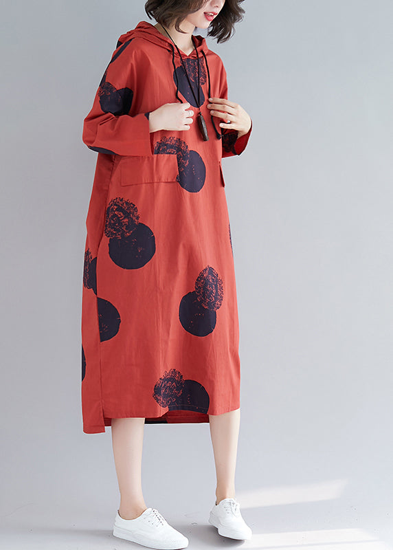 Women Red Hooded Print Cotton Loose Sweatshirt Dress Fall