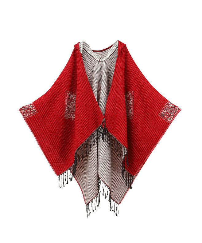 Women Red Hooded Tasseled Print Cashmere Scarf