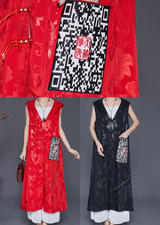 Women Red Jacquard Tasseled Silk Long Vest Fall