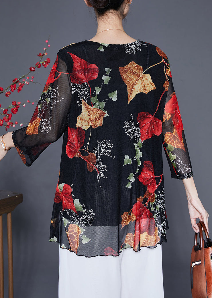 Women Red Leaf Print Zircon Chiffon Tops Bracelet Sleeve