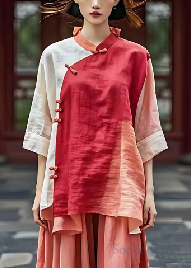 Women Red Mandarin Collar Patchwork Linen Shirts Summer