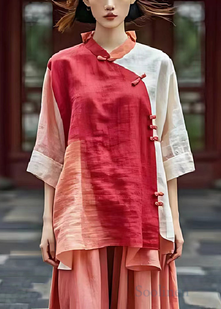 Women Red Mandarin Collar Patchwork Linen Shirts Summer
