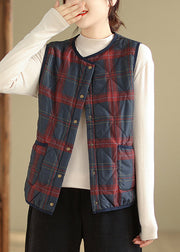 Women Red Navy Plaid Pockets Patchwork Warm Fleece Vest Sleeveless