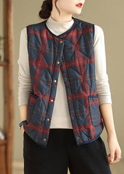 Women Red Navy Plaid Pockets Patchwork Warm Fleece Vest Sleeveless