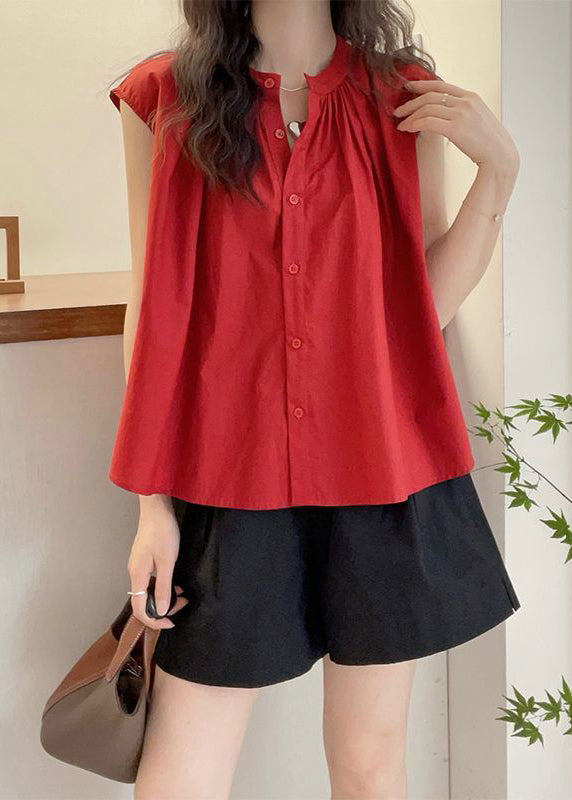 Women Red O Neck Button Cotton Blouses Sleeveless