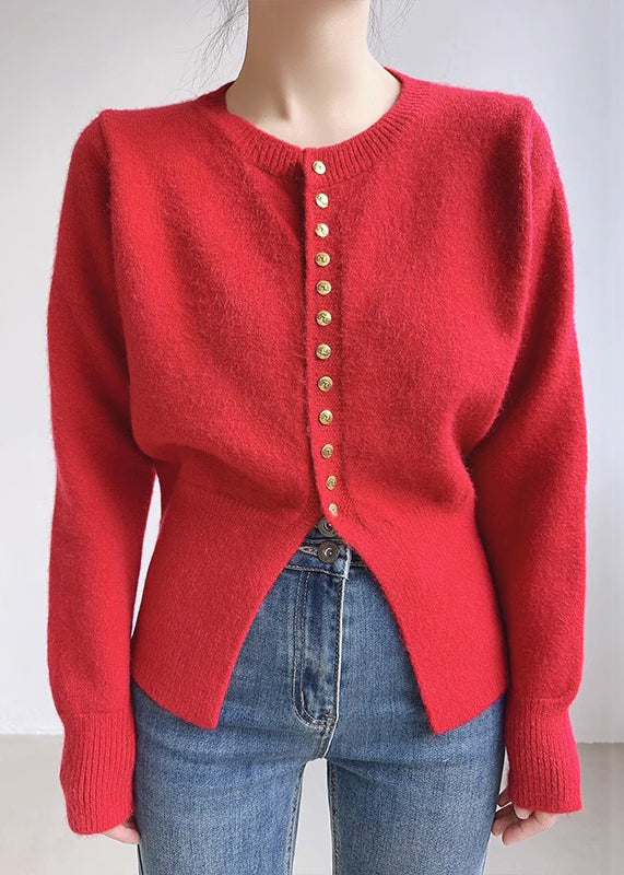 Women Red O Neck Button Solid Knit Coats Spring