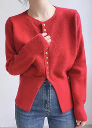 Women Red O Neck Button Solid Knit Coats Spring