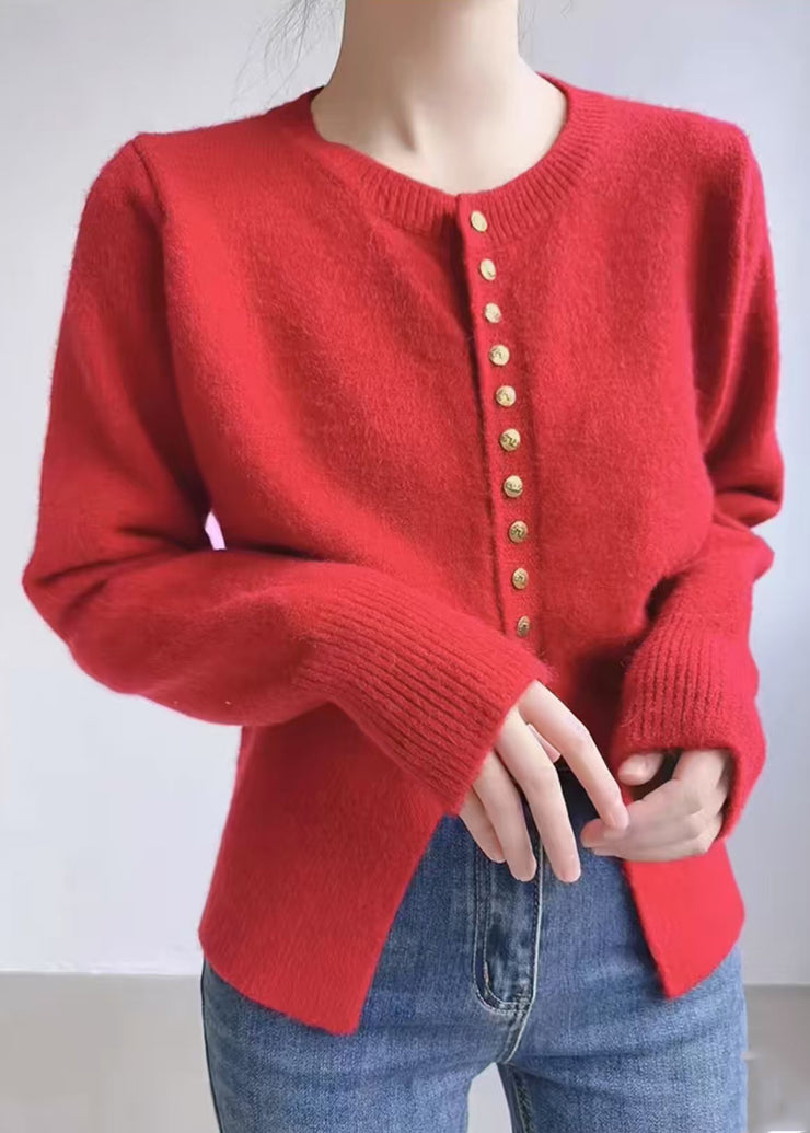 Women Red O Neck Button Solid Knit Coats Spring