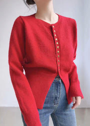 Women Red O Neck Button Solid Knit Coats Spring