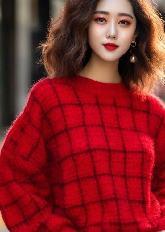 Women Red O Neck Cozy Cotton Knit Sweaters Long Sleeve