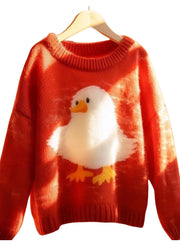 Women Red O Neck Little Duck Cotton Knit  Sweaters Long Sleeve