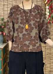 Women Red O-Neck Oversized Print Linen Shirt Bracelet Sleeve