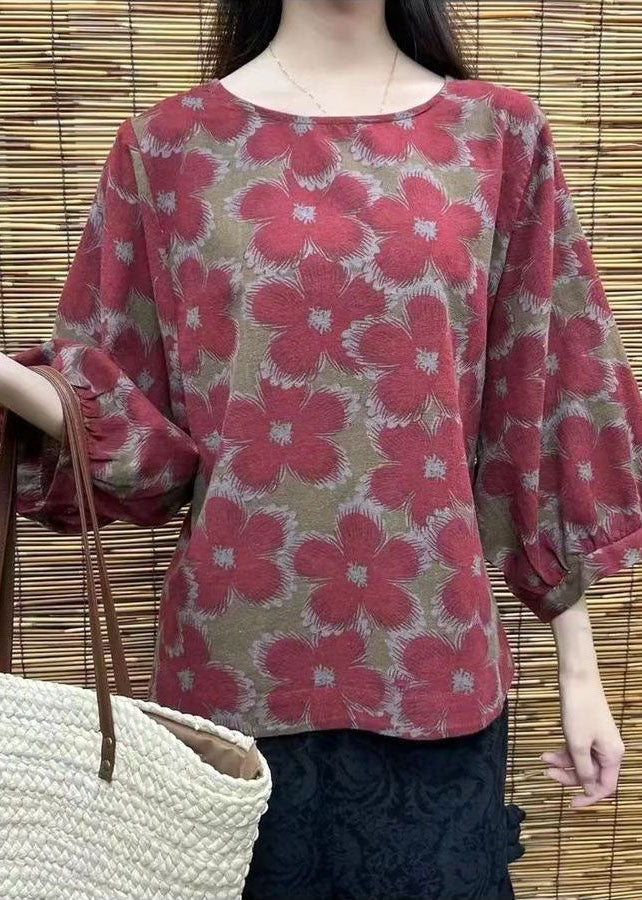 Women Red O-Neck Oversized Print Linen Shirt Bracelet Sleeve