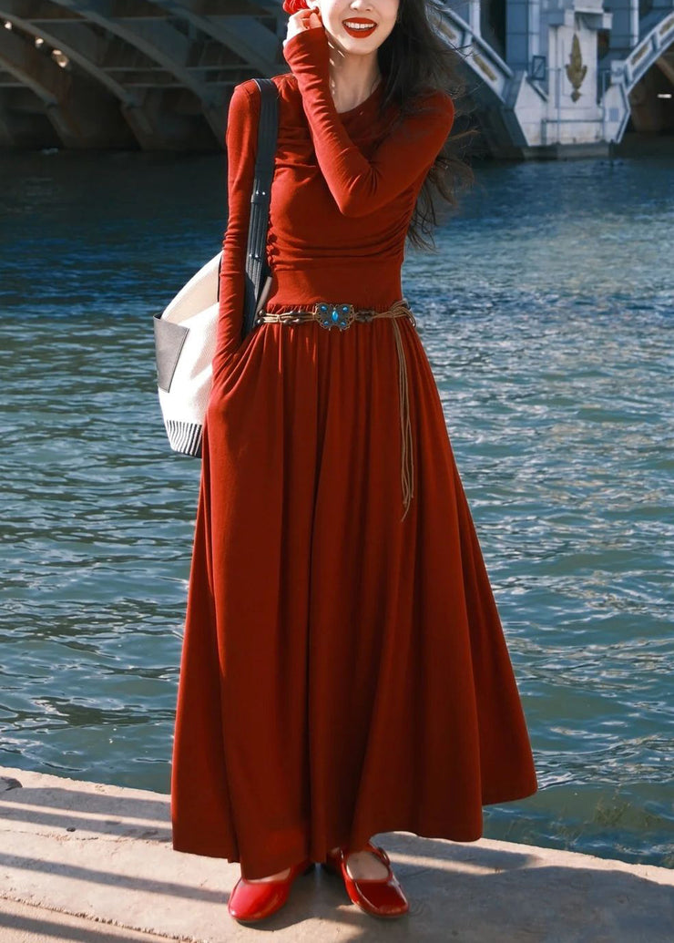 Women Red O-Neck Pockets Cotton Long Dress Spring