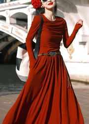 Women Red O-Neck Pockets Cotton Long Dress Spring