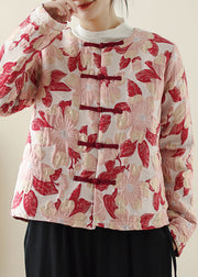 Women Red O Neck Print Button Pockets Thick Coats Winter